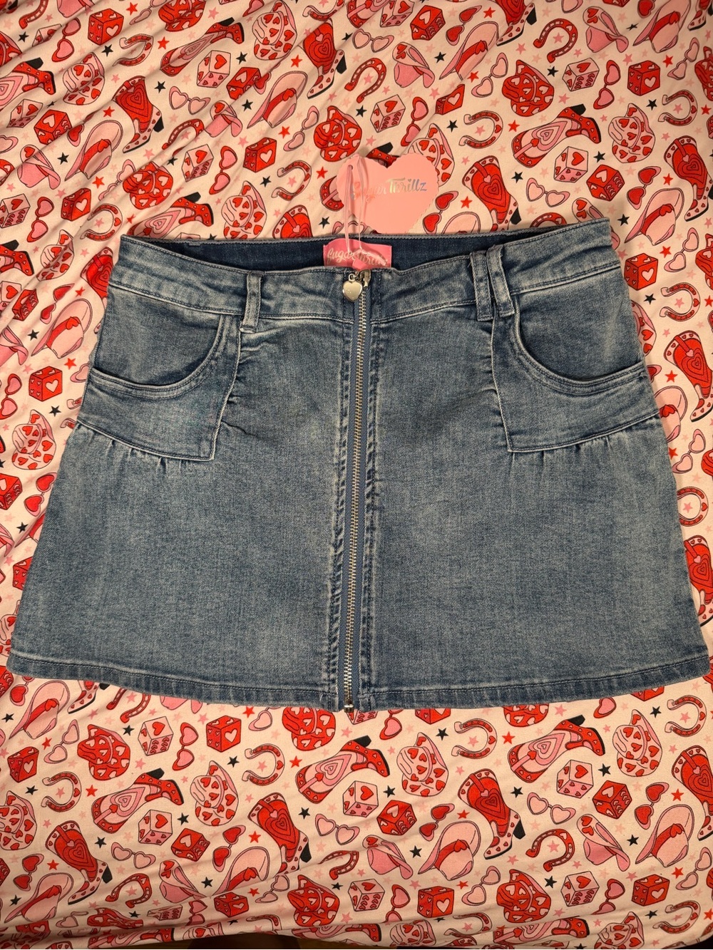 Sugar Thrillz Dolls Kill Denim Mini Skirt Size M Blue Heart Zipper Y2K NWT